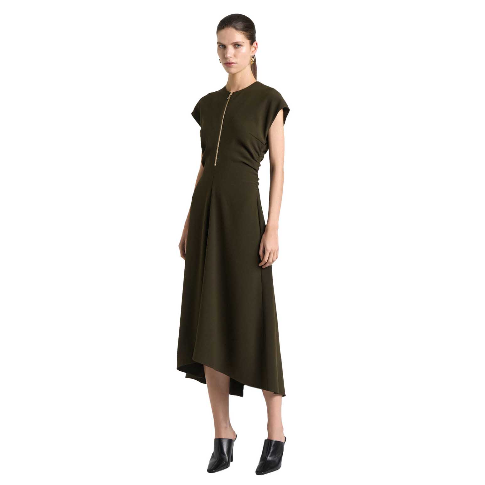 Cue Olive Recycled Crepe Zip Front Midi Dress